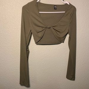 Twisted long sleeve wrapped crop top waffle knit Medium green
